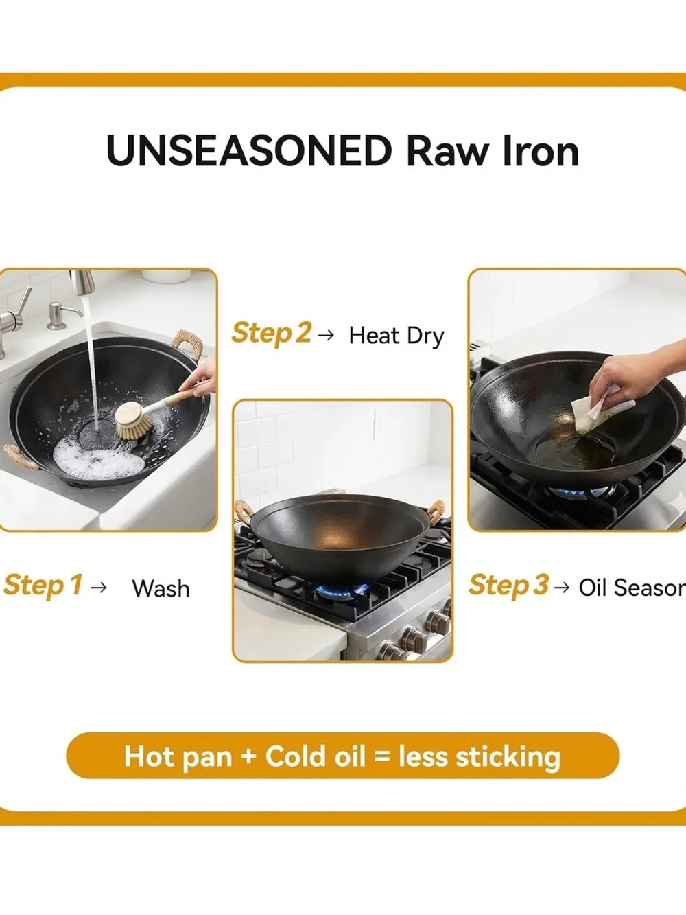 Black Carbon Steel Wok with Bamboo Lid and Cleaning Brush